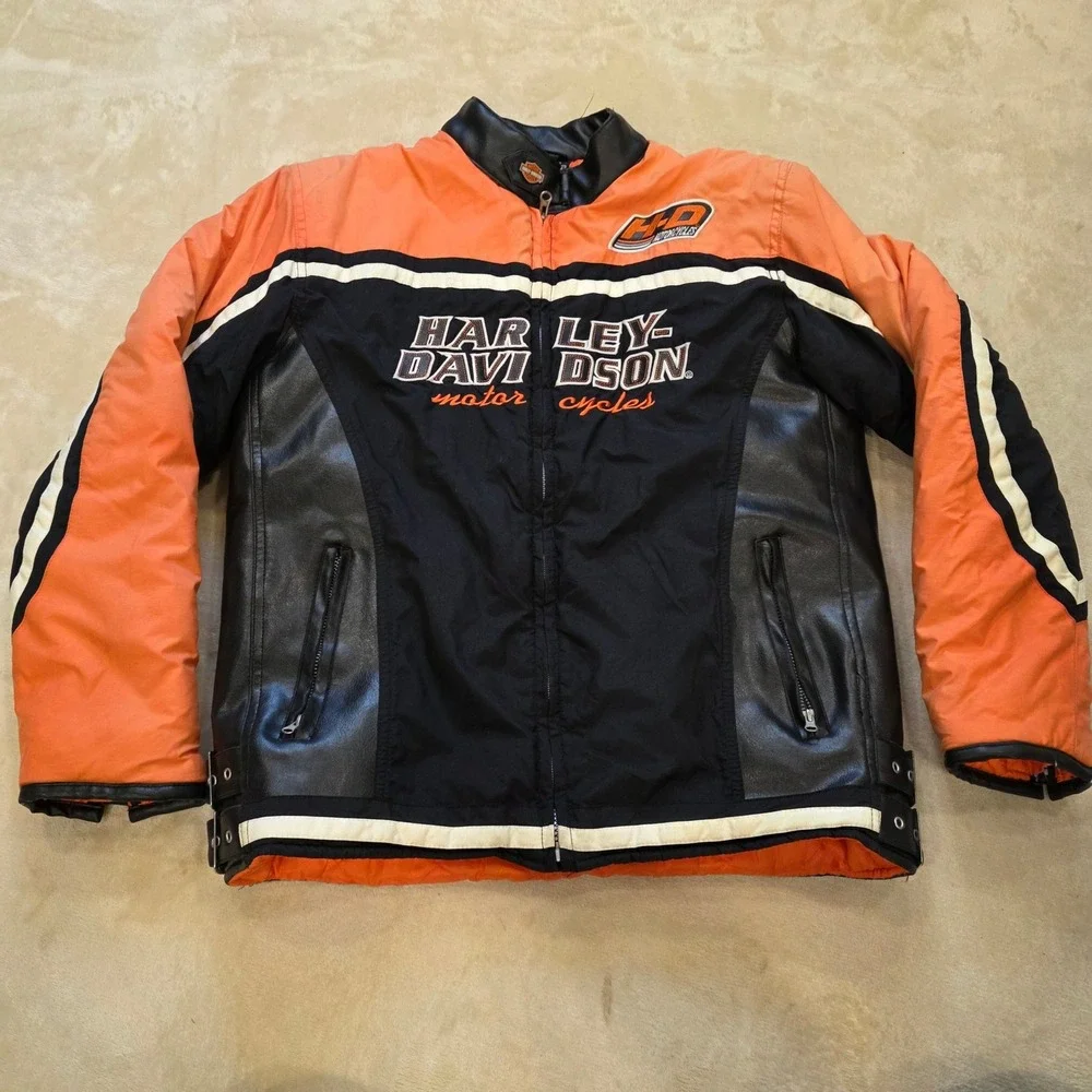 Harley Davidson Youth XL 18/20 Jacket Orange Black Moto Bomber Fits Adult Small